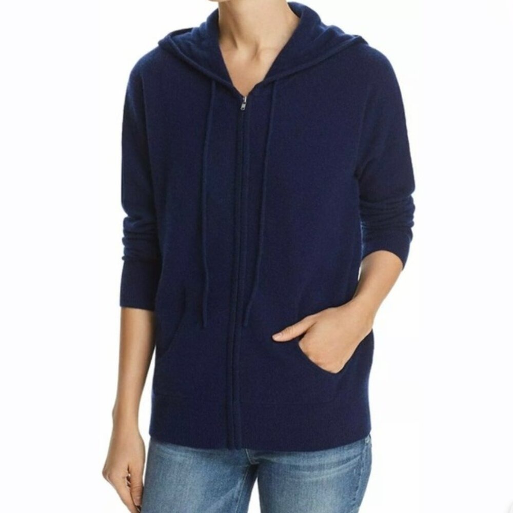 C by Bloomingdale's 100% 2-Ply Cashmere Full Zip Hoodie Luxury Navy Blue Size XS